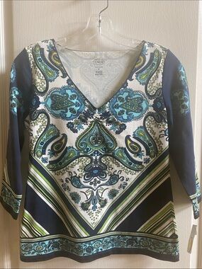 Talbots Navy and Green Paisley V-Neck 3/4 sleeves top